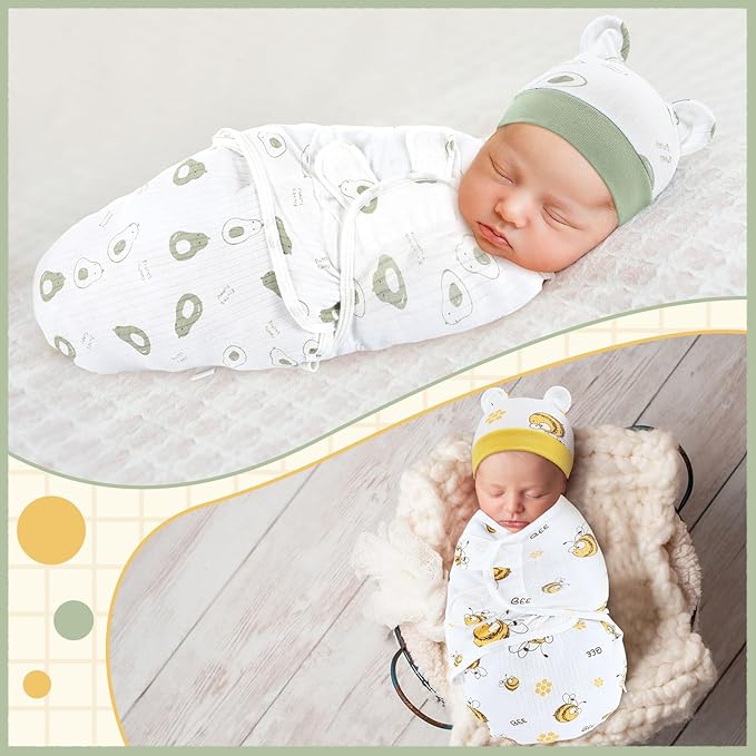 Buryeah 4 Pack Preemie Swaddle Blanket Wrap Set with Hat for Baby Boys Girls 3-7 Lbs Preemie Newborn Clothes Sleepers Cap