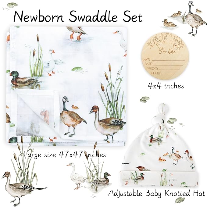 LifeTree Muslin Swaddle Blankets, Muslin Baby Boy Swaddle Blanket and Hat Set with Birth Announcement Card, Newborn Unisex Receiving Blankets Mallard Duck