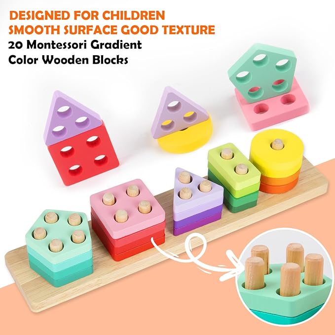 HONGTEYA Montessori Toys for 1 2 3 year old, Toddlers Wooden Sorting and Stacking Toys for Baby Boys and Girls 20 Color