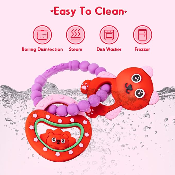 NPET Baby Valentines Teething Toy, Cute Bear & Red Heart Teeting Ring Infant Baby Teething