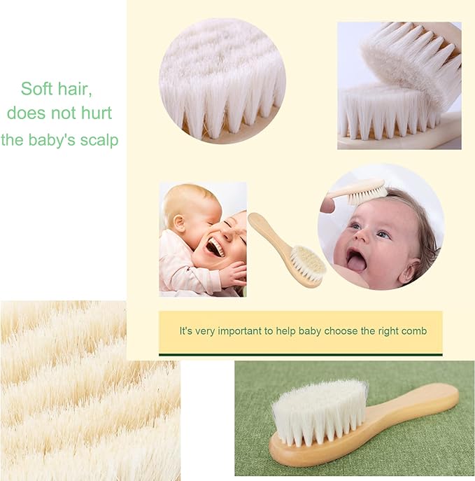 Baby Hair Brush, Goat Bristles Brush and Rose Red Baby Silicone Brush Set for Cradle Cap Wood Bristle Brush for Newborns and Toddlers (2 Piece)