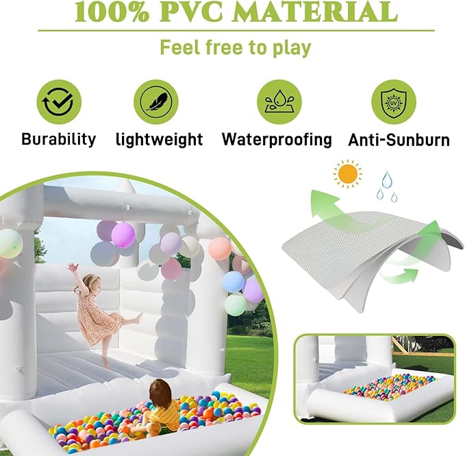 White Bounce House with Ball Pit 10x8x8 FT Inflatable Indoor 3-12,PVC White