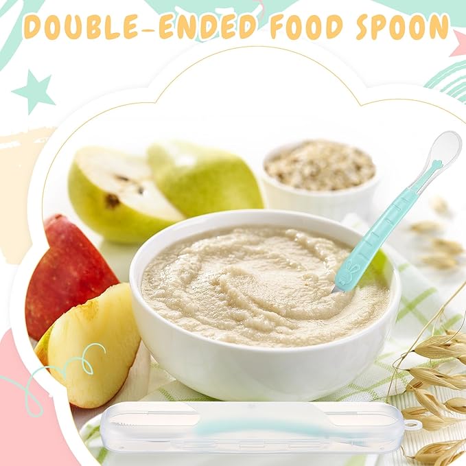 Lallisa 2 Pcs Double Head Baby Silicone Food Spoon Baby Fruit Scraping Mud Spoon Soft Feeding Food Scraper for Infants Fruit Feeding (Cyan and Blue)