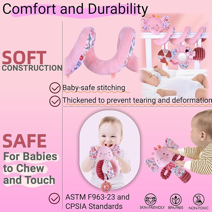 Infant Toys 0-6 Months Spiral Car Seat Toy - Baby Stroller Hanging Rattles Crib Toy Stuffed Animals for Babies 0-3-4-5-6-12 Month, Newborn Girl Boy Shower Gifts, Mirror Crinkle, Elephant 3PCS