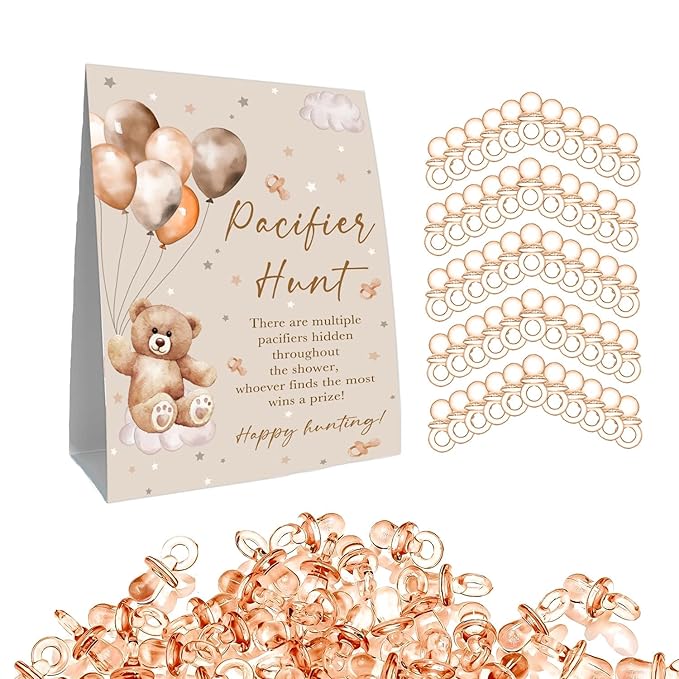 Winnie Pacifier Hunt Baby Shower Game, Pooh Mini Pacifiers Baby Shower Games Set 50Pcs Brown 5 * 7IN