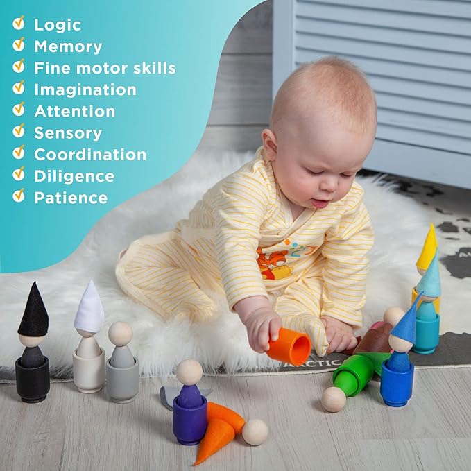 Ulanik Large Peg Dolls in Cups with Hats Toddler Montessori Toys for 3 Year Old + Wooden Waldorf Dolls for Learning Color Sorting and Counting β 12 Gnomes
