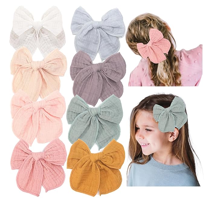 Cotton Muslin 4.5Inch Hair Bow Clips 8Pcs Set, Big Bow Alligator clips