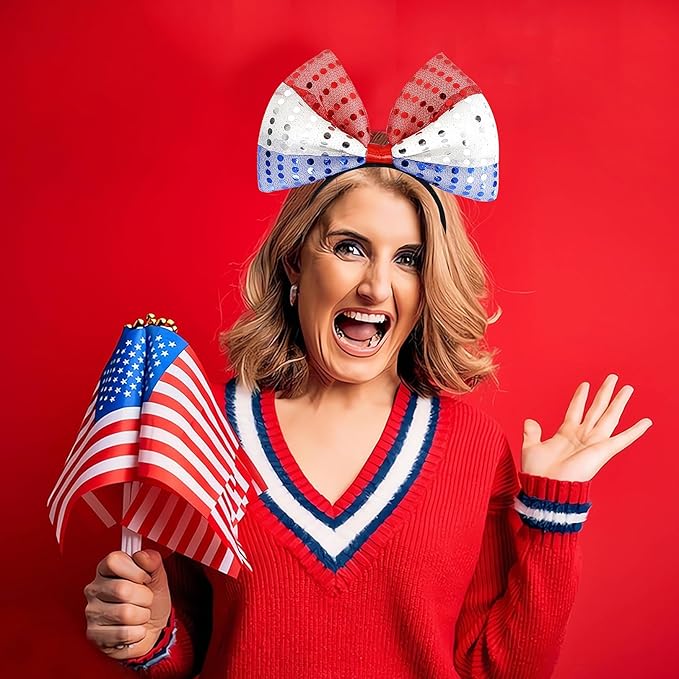 Hairband - 4th of July Decorations Bow Headband with Tassel, Sequins Red Blue White