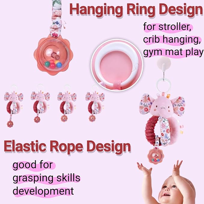Infant Toys 0-6 Months Spiral Car Seat Toy - Baby Stroller Hanging Rattles Crib Toy Stuffed Animals for Babies 0-3-4-5-6-12 Month, Newborn Girl Boy Shower Gifts, Mirror Crinkle, Elephant 3PCS