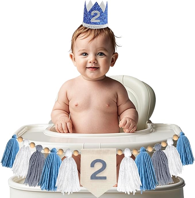 1-3st Birthday Highchair Banner Decorations for Boys, Cute Baby Party Crown Hat