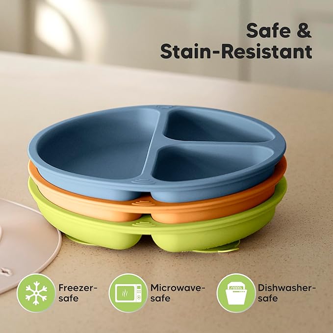 KeaBabies Suction Plates for Baby, Toddler - 3-Pack 100% Silicone Toddler Plates, Divided Baby Plates with Suction, Silicone Plates for Baby, Kids, BPA-Free, Microwave, Dishwasher Safe (Kea)