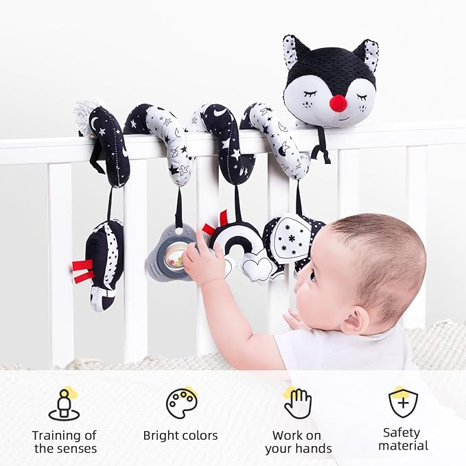 Koty Car Seat Toys, Infant Baby Spiral Plush Activity Hanging Toy for Stroller Bar Pram Crib with Music Box BB Squeaker & Rattles(Black Fox)
