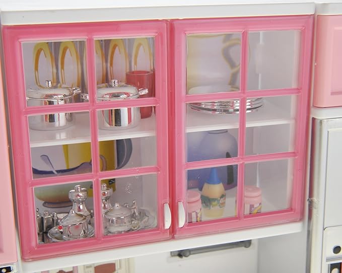PowerTRC Doll Kitchen Play Set, Mini Modern Toy Pink Kitchen Pretend Play Furnitures Toy Set Accessories Set with Realistic Light & Sound for Kids Toddlers Girls (3-in-1)