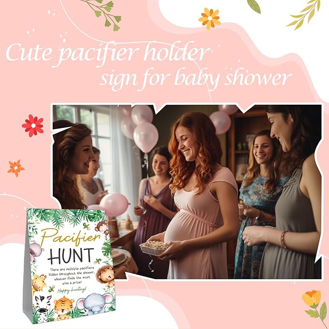51Pcs Cute Animals Decor Baby Shower Games, Include Baby Pacifier Hunt Sign and 50 Blue Mini Pacifiers