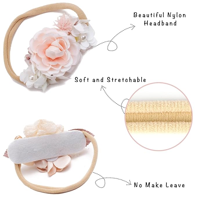 Delicate Floral Headbands Set for Girls - 3pcs Elastic Nylon Pearl Hair Bands, Soft & Stretchy Accessories for Infants