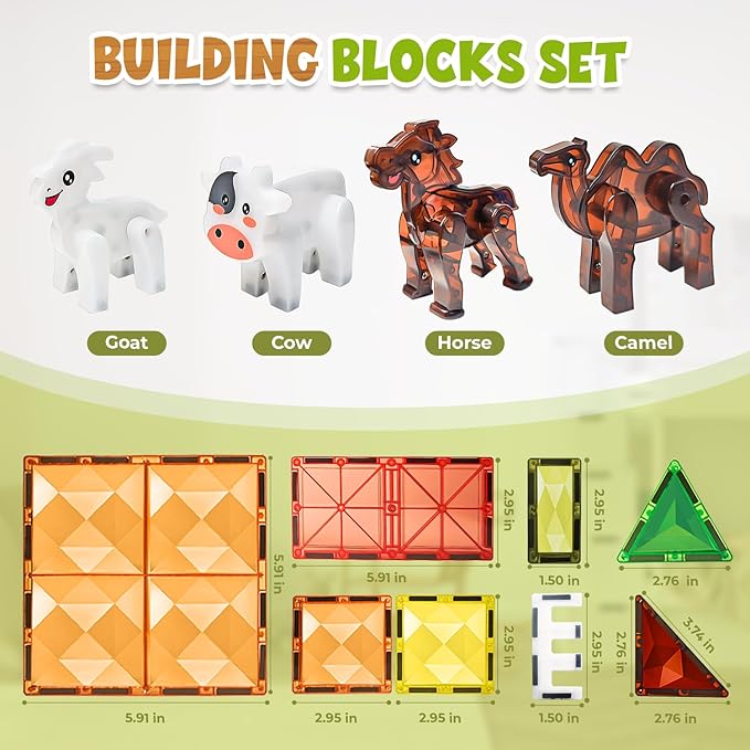Magnetic Tiles Farm for Toddlers 1-3 Animals, Magnet Tile Set for Kids Ages 3-5 4-8 8-12 Boys Girls, Building Blocks Stem Stack Toys for Travel, Birthday Gift, Preschool
