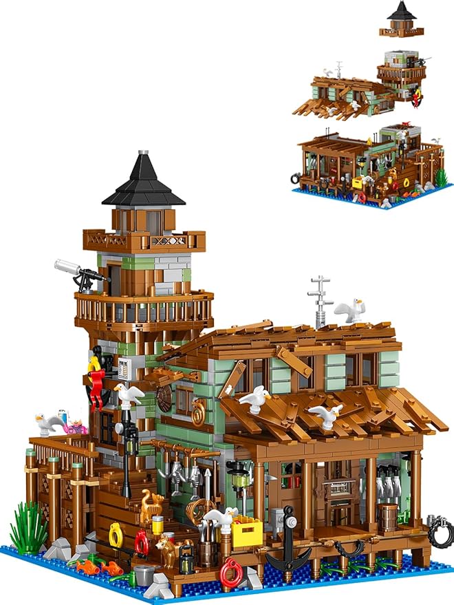 Fishing Village Store House Building Set, 1881 PCS Wood Cabin Mini Building Block Kit 8-14+ Teens