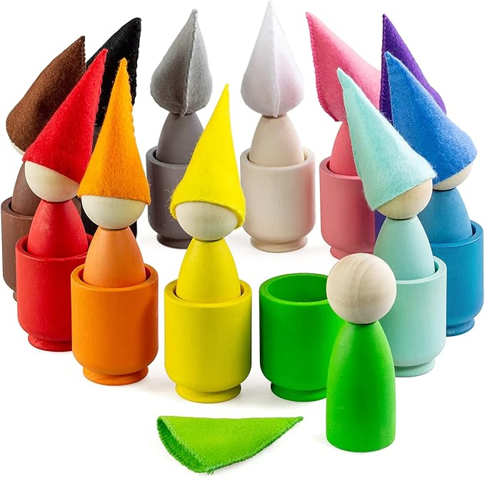 Ulanik Large Peg Dolls in Cups with Hats Toddler Montessori Toys for 3 Year Old + Wooden Waldorf Dolls for Learning Color Sorting and Counting β 12 Gnomes