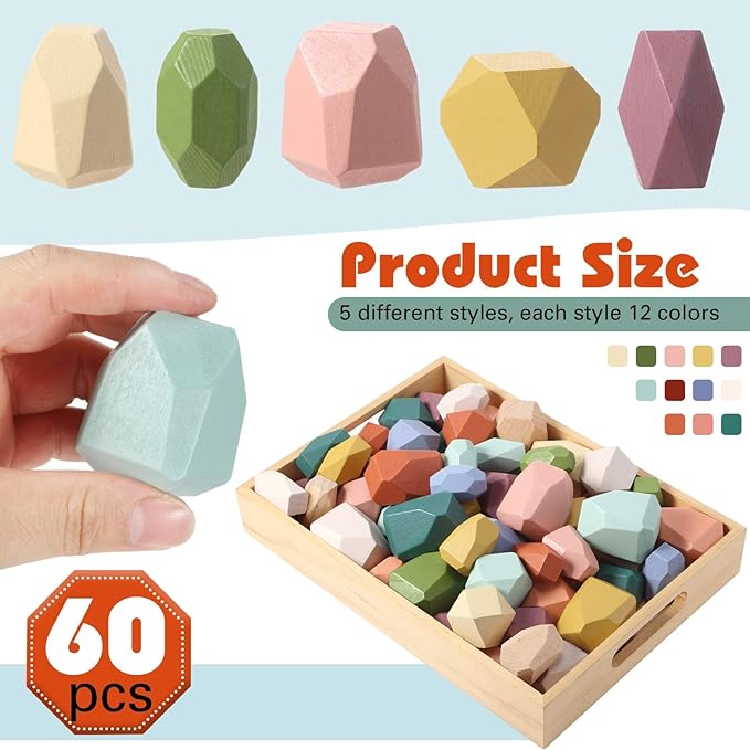 60 Pcs Stacking Rocks Montessori Toys for 1+ Year Old