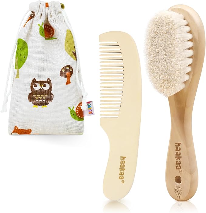 haakaa Baby Hair Brush and Comb Set for Newborns & Toddlers - Natural Soft Goat Bristles and Wooden Handle, Gently Grooms Baby's Hair, Ideal for Cradle Cap, Perfect Baby Gift, 2pk
