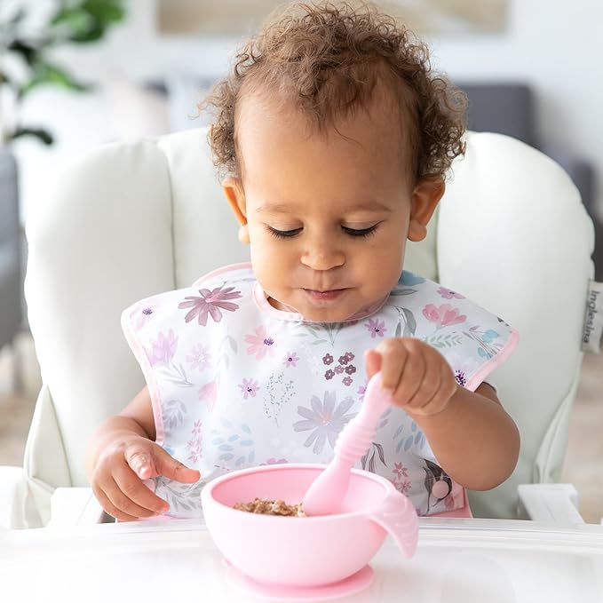 Bumkins Baby Bowl, Silicone Baby Feeding Set with Suction for Baby and Toddler, Includes Spoon and Lid, First Feeding Set, Essential for Baby Led Weaning for Babies 4 Months, Pink