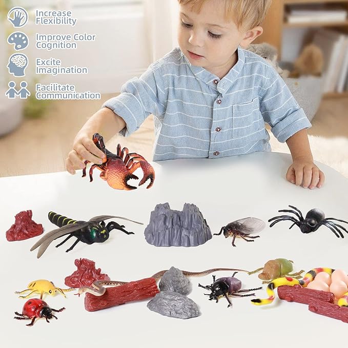 Insect Figure Toys for Kids, Plastic Assorted Realistic Play Bug Figurines Set for Toddlers