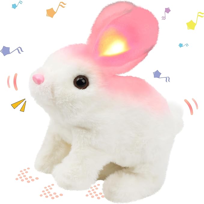 Hopearl Hopping Rabbit with LED Ears Interactive Electronic Pet Plush Bunny Toy with Sounds and Movements Animated Walking Wiggle Light up Ears Twitch Nose Gift for Toddlers Birthday, White 7''