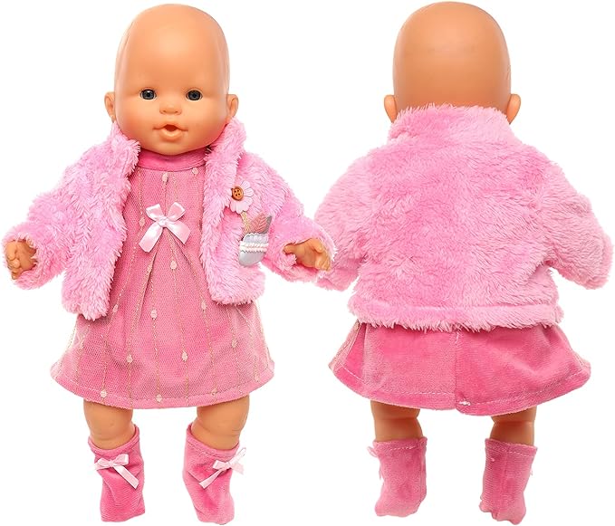 ENOCHT 3 Pieces Baby Doll Clothes Pink Dress with Coat 14-18 Inch 15 Inch