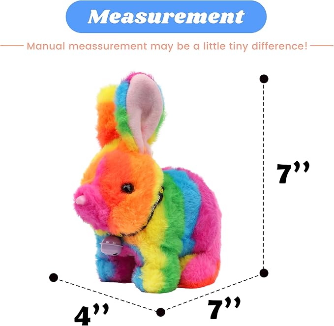Hopearl Hopping Rabbit with Bell Interactive Electronic Pet Plush Bunny Toy with Sounds and Movements Animated Walking Wiggle Ears Twitch Nose Gift for Toddlers Birthday, Rainbow 7''