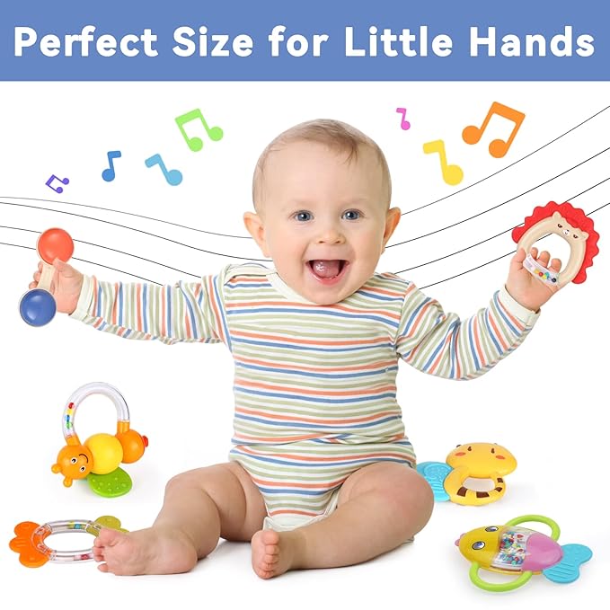 MOONTOY Baby Rattles Teether Set Toys for 0 1 2 3 4 5 6 7 8 9 10 11 12 9PCS Baby 0-3-6-12 Month