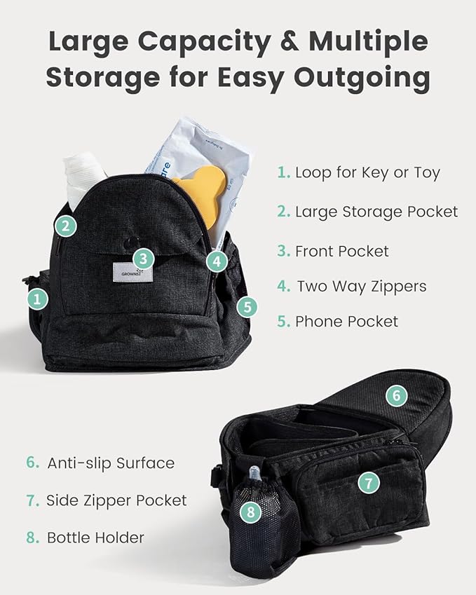 Baby Hip Seat Carrier, GROWNSY Baby Carrier with Multiple Pockets, Adjustable Extended Waistband for Newborns & Toddlers up to 50 lbs, Black