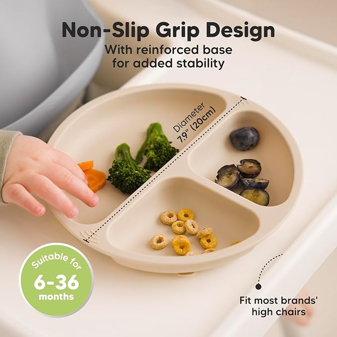 KeaBabies Suction Plates with Lids for Baby - 3-Pack 100% Silicone Suction Plates for Baby, Kids,Toddler Plates,Divided Baby Plates with Suction,Lids, BPA-Free, Microwave, Dishwasher Safe (Slate)