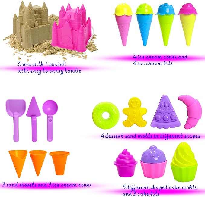 Ice Cream Beach Toys Sand Toys Set for Girls Kids Ages 4-8,Beach Castle Toys Sand Bucket Toddler Baby Ages 3