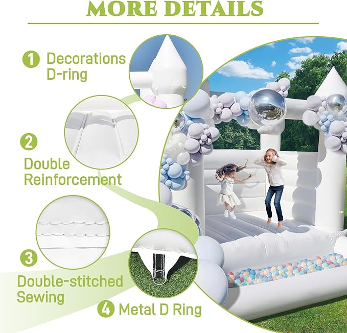 White Bounce House with Ball Pit 10x8x8 FT Inflatable Indoor 3-12,PVC White
