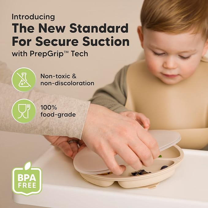 KeaBabies Suction Plates with Lids for Baby - 3-Pack 100% Silicone Suction Plates for Baby, Kids,Toddler Plates,Divided Baby Plates with Suction,Lids, BPA-Free, Microwave, Dishwasher Safe (Slate)