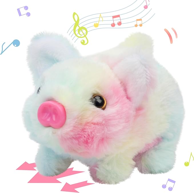 Hopearl Walking Piggy Pet Interactive Crawling Piglet Electronic Plush Toy Pig Oink Twitch Nose Wag Tail Animated Gifts for Toddlers Birthday, Rainbow 8''