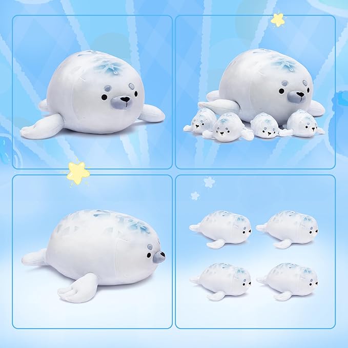 IKASA Mommy Seal Stuffed Animal Mom and Baby Plush Toy, Cute 16" Soft Small Mama Family Set Cuddly Toy with Little Mini Babies