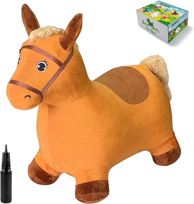 HotMax Brown Hopping Horse Toy, Inflatable Plush Bouncy Horse for Toddlers 18 Months 2 3 4 Year