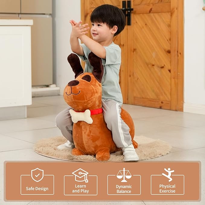 INPANY Bouncy Brown Dog Hopper Toy 2 Year Old Boy, Toddler Plush Bouncing Horse Hopper 3 4