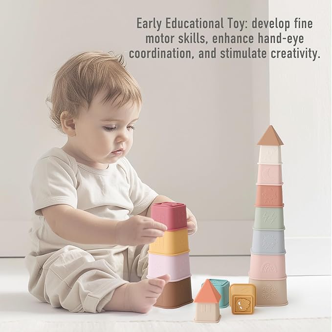 Baby Stacking Cups Toy, Silicone Stacking Tower 6 Months+, 8 Pcs