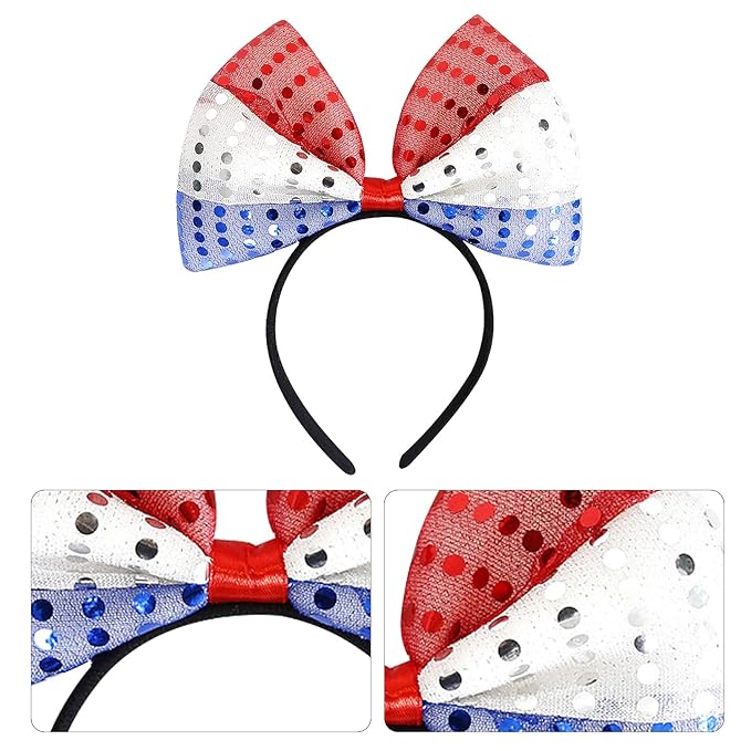 Hairband - 4th of July Decorations Bow Headband with Tassel, Sequins Red Blue White