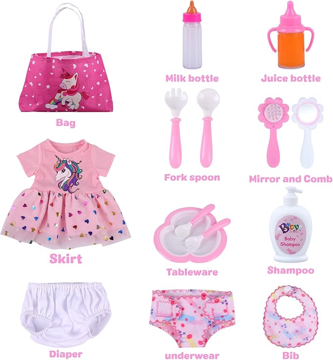BABESIDE 13Pcs Baby Doll Clothes and Accessories for 17-20 Inch Dolls, Baby Doll Feeding and Care Set with Doll Clothes