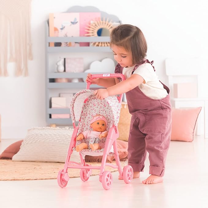Corolle Baby Doll Stroller with Folding Canopy - Mon Premier Poupon Accessory Fits 12" Dolls, Pink/Floral Pattern 18 Months