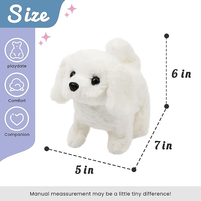 Hopearl Walking Dog Bichon Interactive Electronic Pet Plush Toy Puppy Woof and Moving Animated Nodding Head Gifts for Toddlers Birthday, White 7''