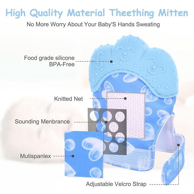 2Pack Silicone Teething Mitt, Soothing Infant Teething Mitten Pain Relief 0-12 Months