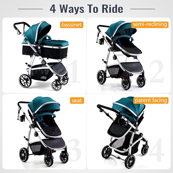 Baby Stroller, 2-in-1 Reversible Toddler Seat with Lie-Flat Mode, Foldable Infant Stroller with Canopy, One Button Brake, Adjustable Handle, Newborn Pushchair(Blue)