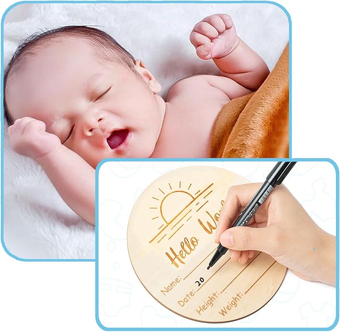 Hello World Baby Sign, 5.9" Baby Announcement Sign with Marker Pen-Not Bleed on Wood and Ink Pad 2 Sided
