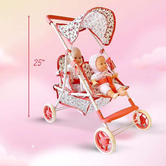 Double Doll Stroller for Baby Dolls Twin Dolls | Toy Doll Stroller for Toddlers, 4 Year Old 5 Year 8 Year 25” Tandem