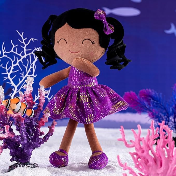 Gloveleya Soft Dolls Plush Figure Brown Skin Glitter Purple Dress 12inches