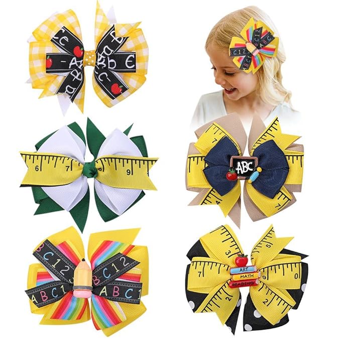 Back to School Bow Hair Clips for Girls, 5PCS 4.5